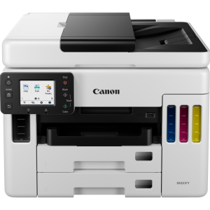 Canon GX7040 Megatank maxify business range, 4 in 1, A4 MFP, Print Copy, Scan and Fax with 50 sheet DADF. 24ipm mono, 15.5ipm colour, 600 x 1200 print resolution, 1200 x 1200 dpi scan resolution, 2 x 250 sheet paper handling front cassette, 100 sheet rear feed., Mac, Windows and Chrome; Automatic duplex, 6.9cm LCD touch screen , USB, Wi-Fi, Ethernet. Smartphone and Tablet print, - inktank (BK, C, M, Y). Uses GI-46 BK/C/M/Y Black 6 000 pages, colour 14 000 pages, uses MC-G01